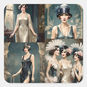 Ladys Fashion Foto Collage der 20er Jahre, Quadratischer Aufkleber