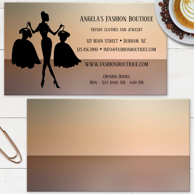 Ladys Fashion Retail Store Business Card Visitenkarte (Business card showing a silhouette of a lady with two dresses in her hands on a gradient background)