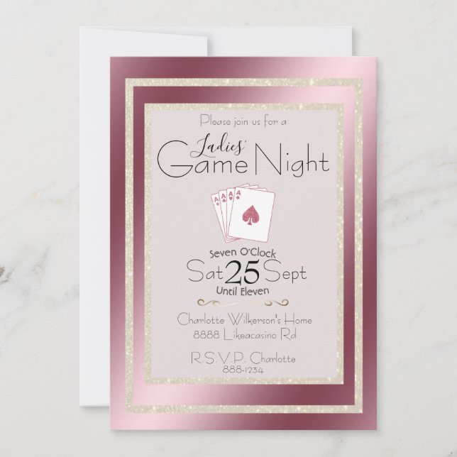 Ladys Game Night Gold Glitzer Rosa Aces Einladung (Vorderseite)