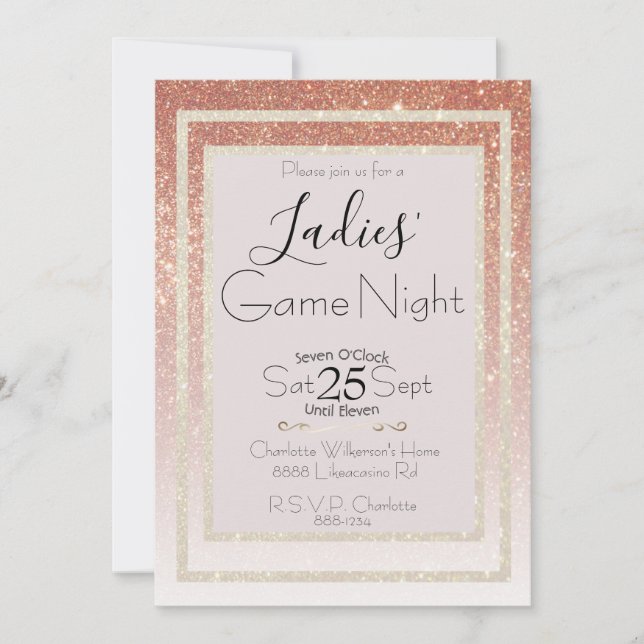 Ladys Game Night Pink Blush and Gold Glitzer Einladung (Vorderseite)