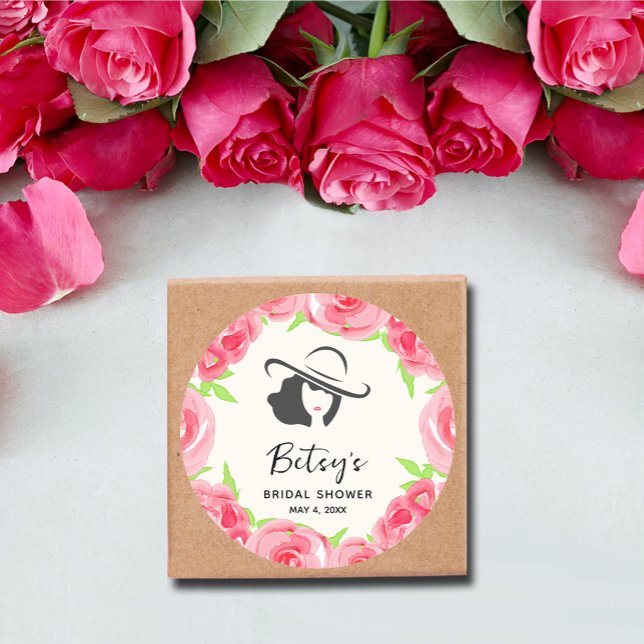 Lady's Hat Wasserfarbe Rose Derby Brautparty Runder Aufkleber (Lady's hat watercolor roses Derby bridal shower round stickers 3" (1-1/2" available))