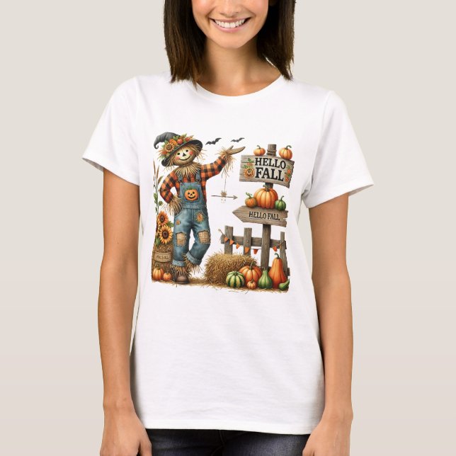 Ladys "Hello Fall" Scarecrow Herbst T - Shirt (Vorderseite)