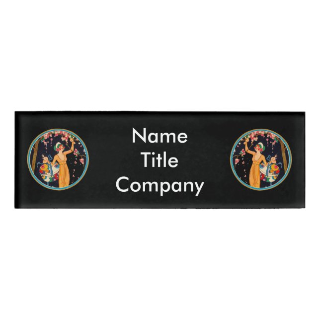 Ladys in Blue Gold Circles rosafarbene Kirschblüte Namenschild (Vorderseite)