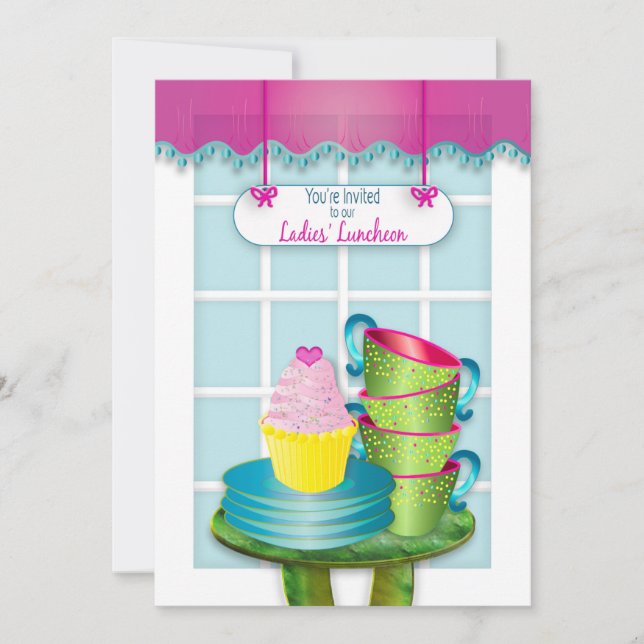 Ladys Luncheon, Tea Cups, Teller und Cupcakes Einladung (Vorderseite)