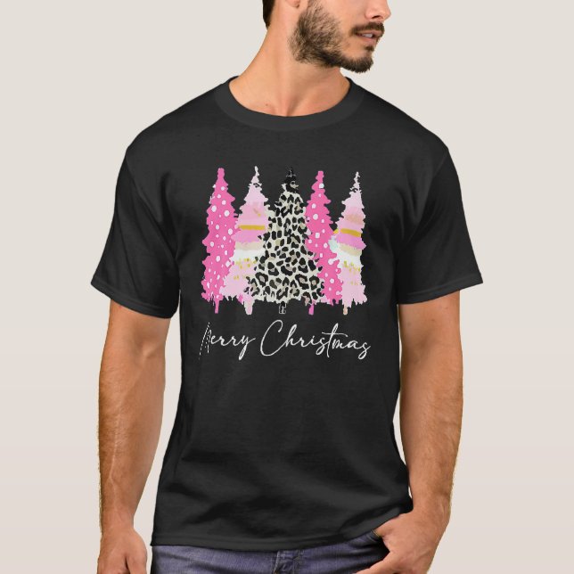 Ladys Merry Xmas Pink Trees Leopard Niedlich T-Shirt (Vorderseite)