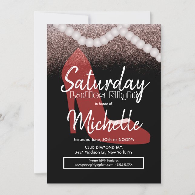 Ladys Night Birthday Party Red Heelses Pearls Einladung (Vorderseite)