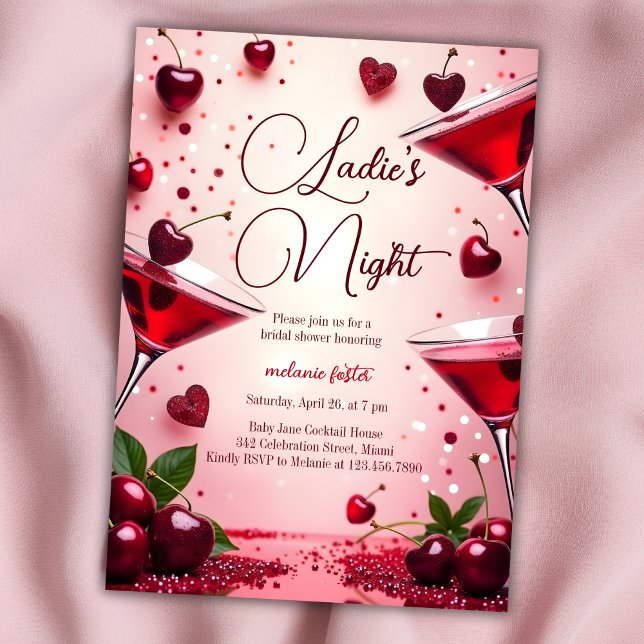 Ladys Night Cherry Cocktail Brautparty Einladung (Elegant Ladies' Night Bridal Shower Invitation with Cherry Cocktail Theme)