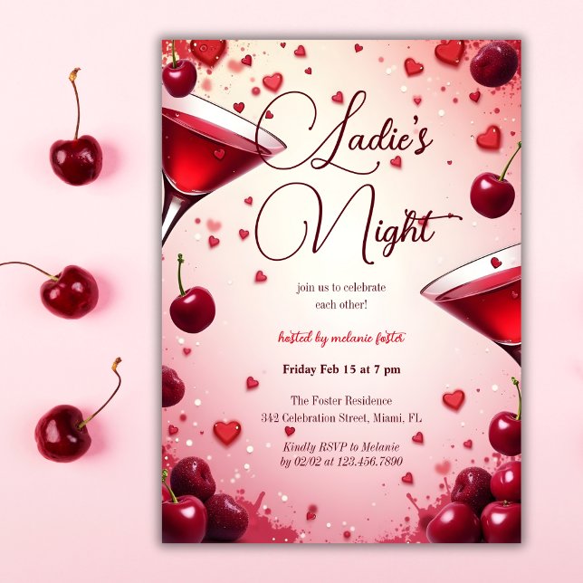 Ladys Night Cherry & Cocktail Galentine Einladung (Ladies Night Cherry & Cocktail Galentine's Invitation)