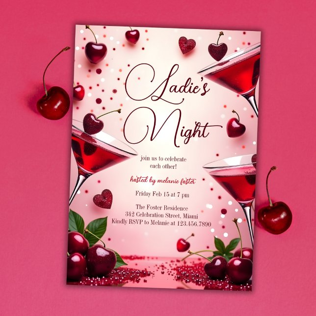 Ladys Night Cherry Galentine's Cocktail Party Einladung (Elegant Ladies’ Night Galentine’s Day Party Invitation – Cherry & Cocktail Theme)