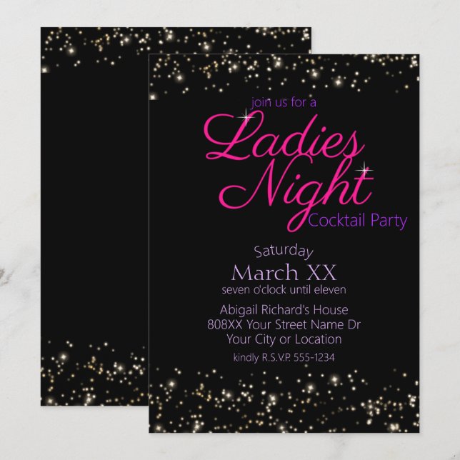 Ladys Night Neo Pink Sign Cocktail Party Einladung (Vorne/Hinten)