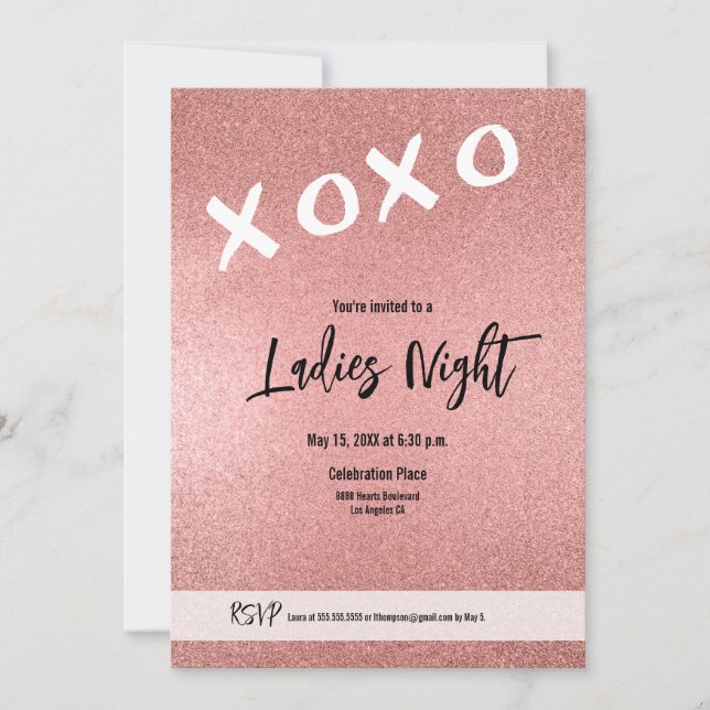 Ladys Night XOXO Rosa Rosa Gold Glitzer Custom Einladung (Vorderseite)