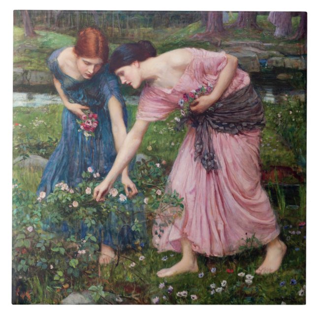 Ladys Picking Rose, John William Waterhouse Fliese (Vorderseite)