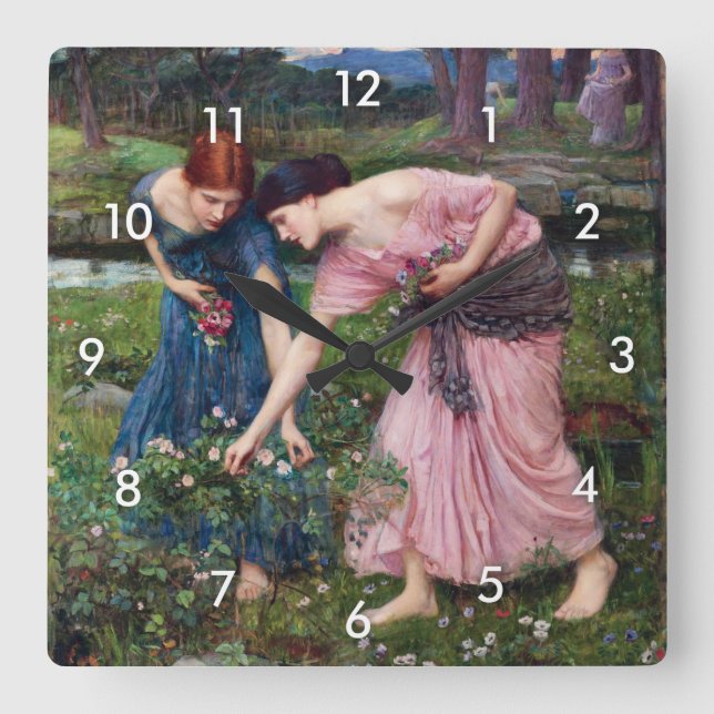 Ladys Picking Rose, John William Waterhouse Quadratische Wanduhr (Vorderseite)