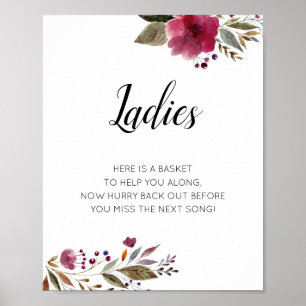 Ladys Womens Bathroom Basket Sign Burgundy Floral Poster