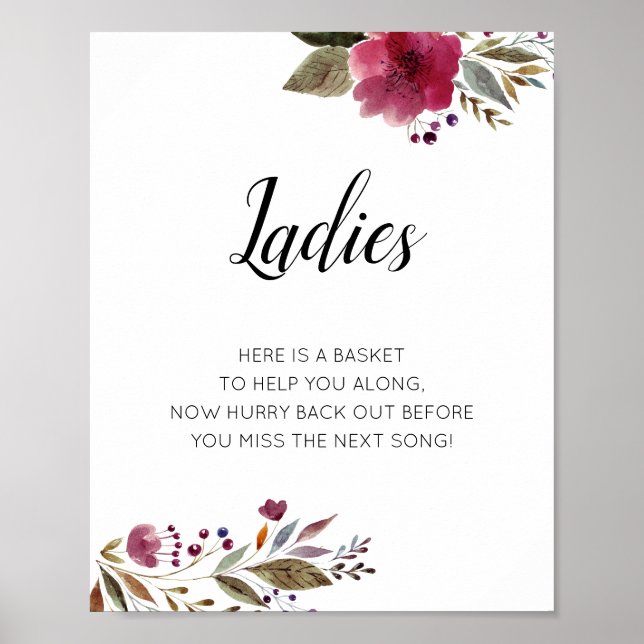 Ladys Womens Bathroom Basket Sign Burgundy Floral Poster (Vorne)