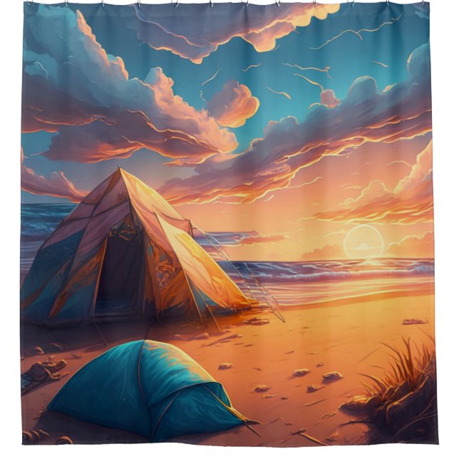Lager bei Sonnenaufgang Duschvorhang (Vorderseite)