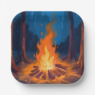 Lagerfeuer Mond   Natur Aquarellmalerei Pappteller