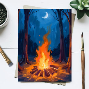 Lagerfeuer Mond   Natur Aquarellmalerei Postkarte