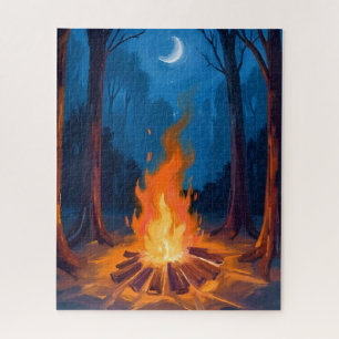 Lagerfeuer Mond Natur Aquarellmalerei Puzzle