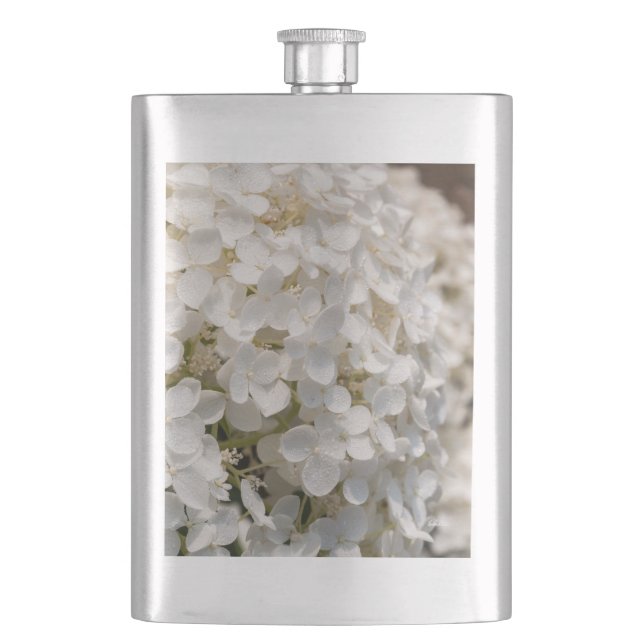 Lagerschild, Photoblumen weiß Flachmann (Vorderseite)