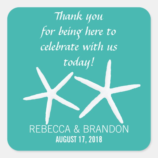 Lagoon Blue Starfish Square Gastgeschenk Hochzeit  Quadratischer Aufkleber (Vorderseite)