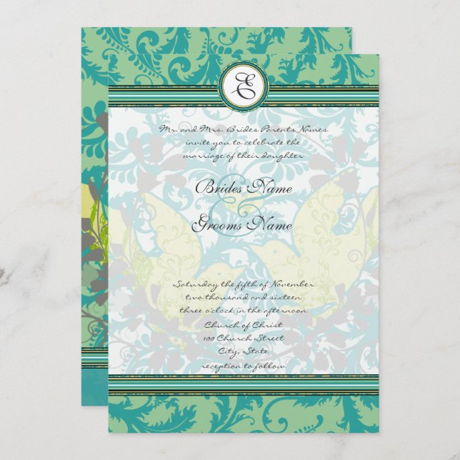 Lagoon Endive Vintag Love Birds Damask Wedding Einladung (Vorne/Hinten)