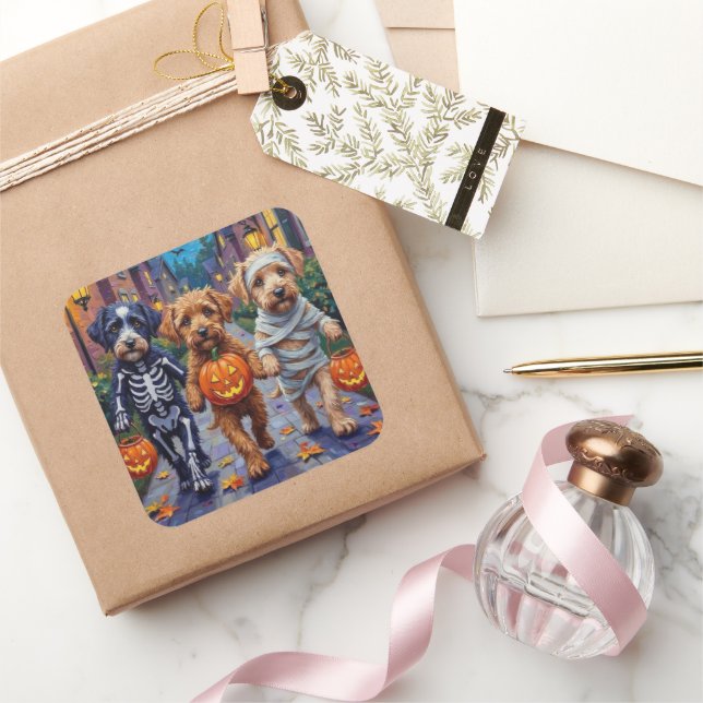 Lagotto Romagnolo Trick-or-Treating Halloween Quadratischer Aufkleber (Schenken)