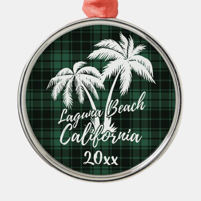 Laguna Beach California Palm Tree Green Kariert Ornament Aus Metall (Vorne)