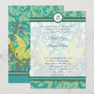 Lagune Endivie Vintage Liebesvögel Damast Hochzeit Einladung