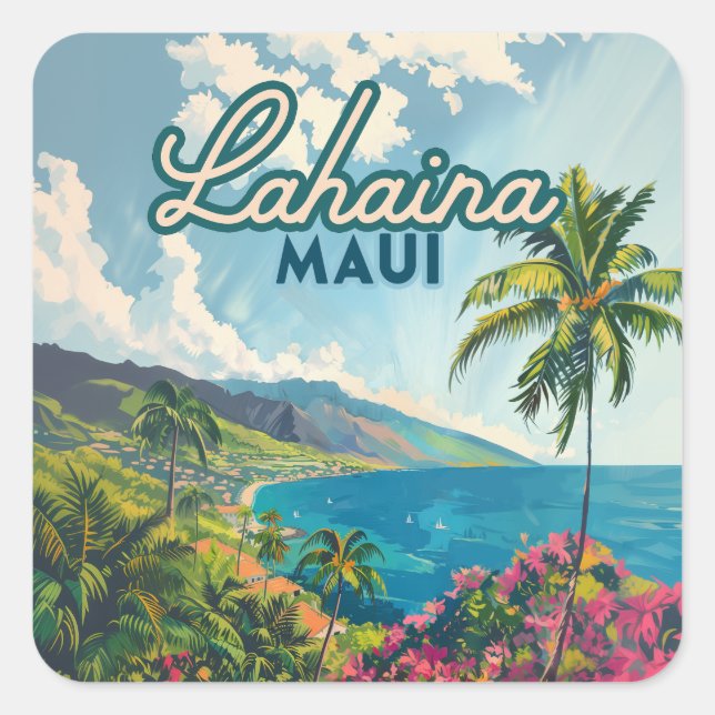 Lahaina Maui Hawaii Beach Coast Retro Quadratischer Aufkleber (Vorderseite)
