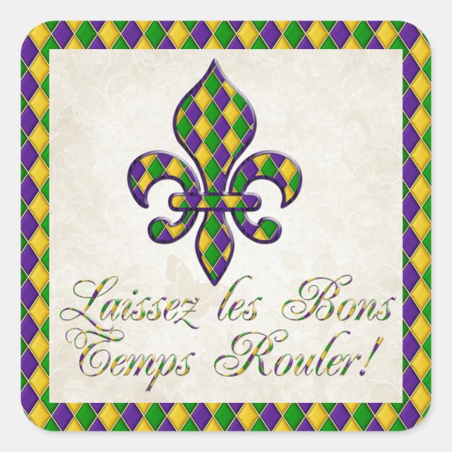 Laissez les Bons Temps Rouler Mardi Gras Fleur d1 Quadratischer Aufkleber (Vorderseite)