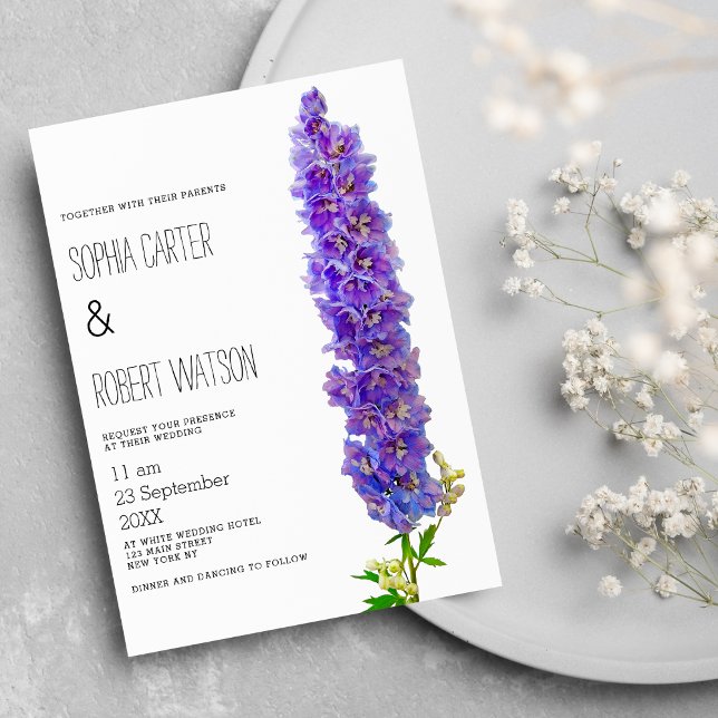 Laivender lila Delphinium Blume Hochzeit Einladung (Country lavender purple delphinium flower wedding )