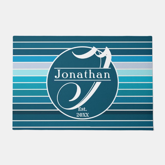Lake Blue Stripes Navy, Sky Blue, Aqua Mit Monogra Fußmatte (Vorderseite)
