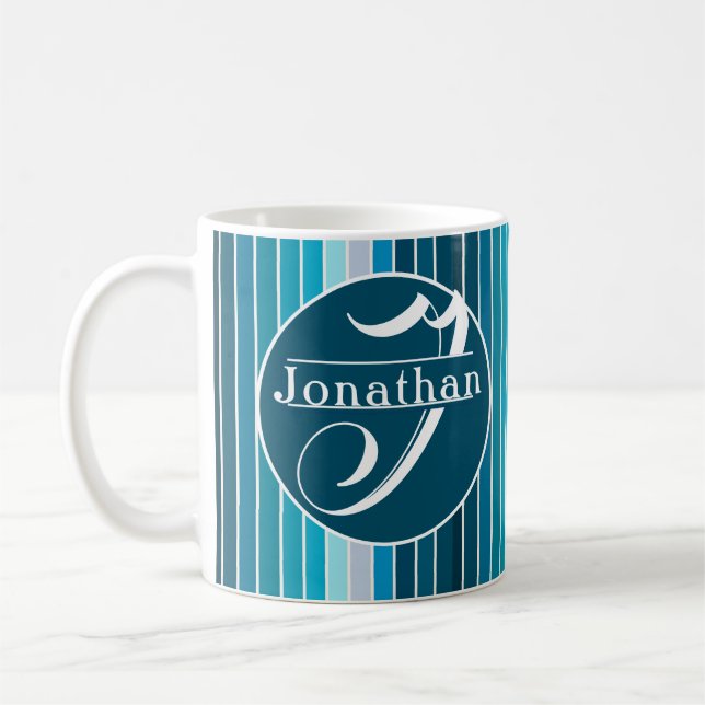 Lake Blue Stripes Navy, Sky Blue, Aqua Mit Monogra Kaffeetasse (Links)