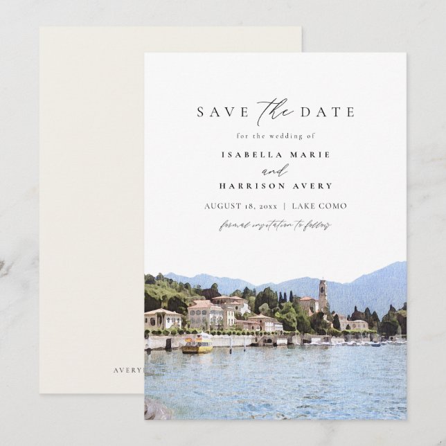 LAKE COMO Wasserfarbe Italien Skyline Save the Dat Einladung (Vorne/Hinten)