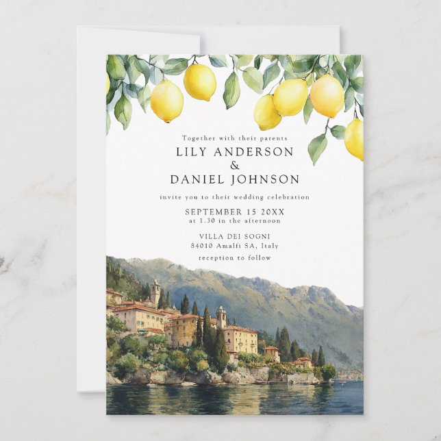Lake Como Zitronen Italien QR Code Hochzeit Einladung (Vorderseite)