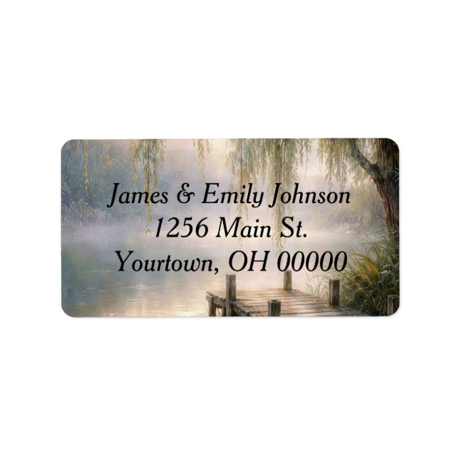 Lake Dock with Willow Tree in Mist Adressaufkleber (Vorne)