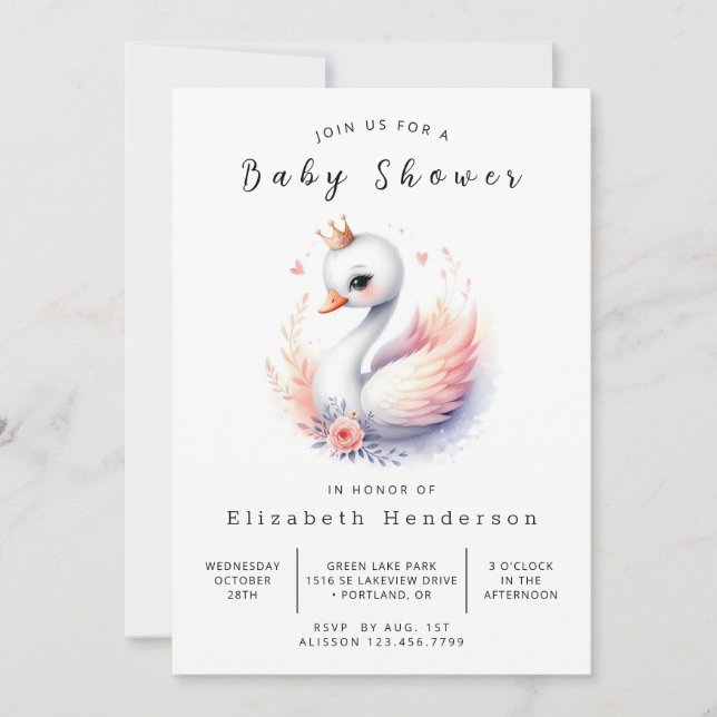 Lake Editable Swan Baby Dusche Einladung (Vorderseite)