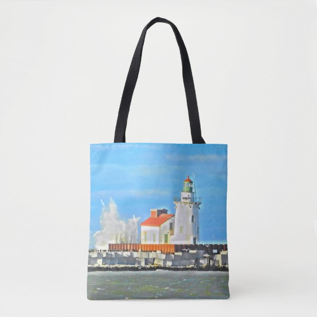 Lake Erie Lighthouse mit Wave Tote Bag (Vorderseite)