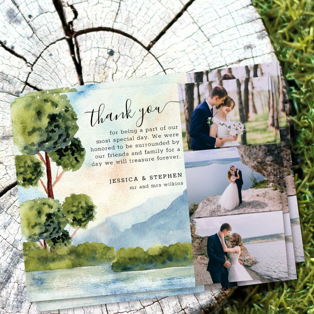 Lake Evergreen 3 Foto Wasserfarbenprächtige Hochze Dankeskarte (3 Photo Wedding thank you cards from Lake Evergreen collection)