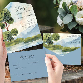 Lake Evergreen Dusty Blue Watercolor Wedding All In One Einladung