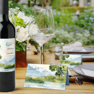 Lake Evergreen Watercolor Hochzeit Dusty Blue Platzkarte