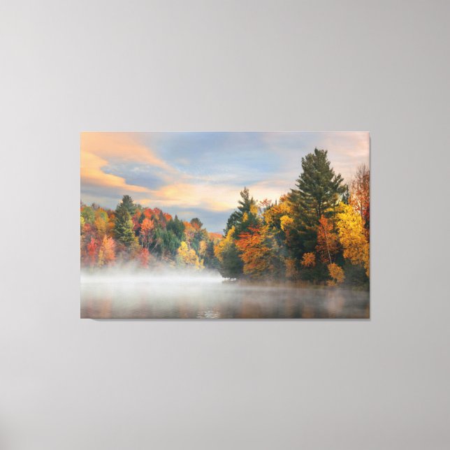 Lake Fog Fall Foliage Sunrise Mountain New England Leinwanddruck (Vorderseite)
