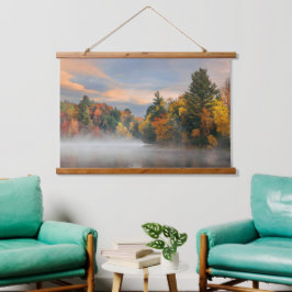 Lake Fog Fall Foliage Sunrise Mountain New England Wandteppich Mit Holzrahmen
