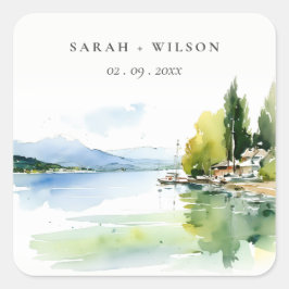 Lake Geneva Switzerland Watercolor Scape Wedding Quadratischer Aufkleber