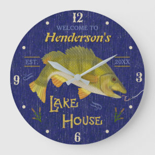 Lake House Rustic Nautical Bass Fish   Custom Name Große Wanduhr