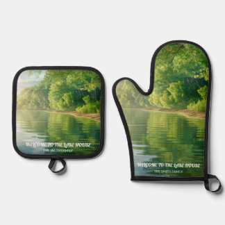 Lake House Vibes Personalisiertes Geschenk Ofenhandschuh & Topflappen-Set