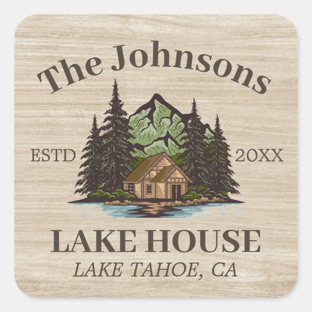 Lake House Wood Themed Family Name Personalisiert Quadratischer Aufkleber (Vorderseite)