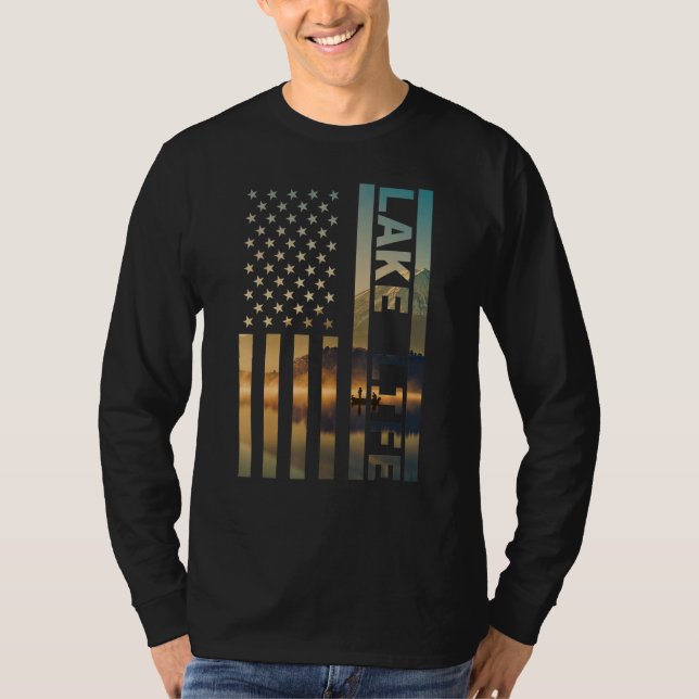 Lake Life American Flag Dock Sunset Wakeboarder Po T-Shirt (Vorderseite)