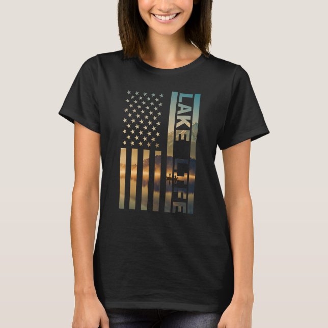 Lake Life American Flag Dock Sunset Wakeboarder Po T-Shirt (Vorderseite)